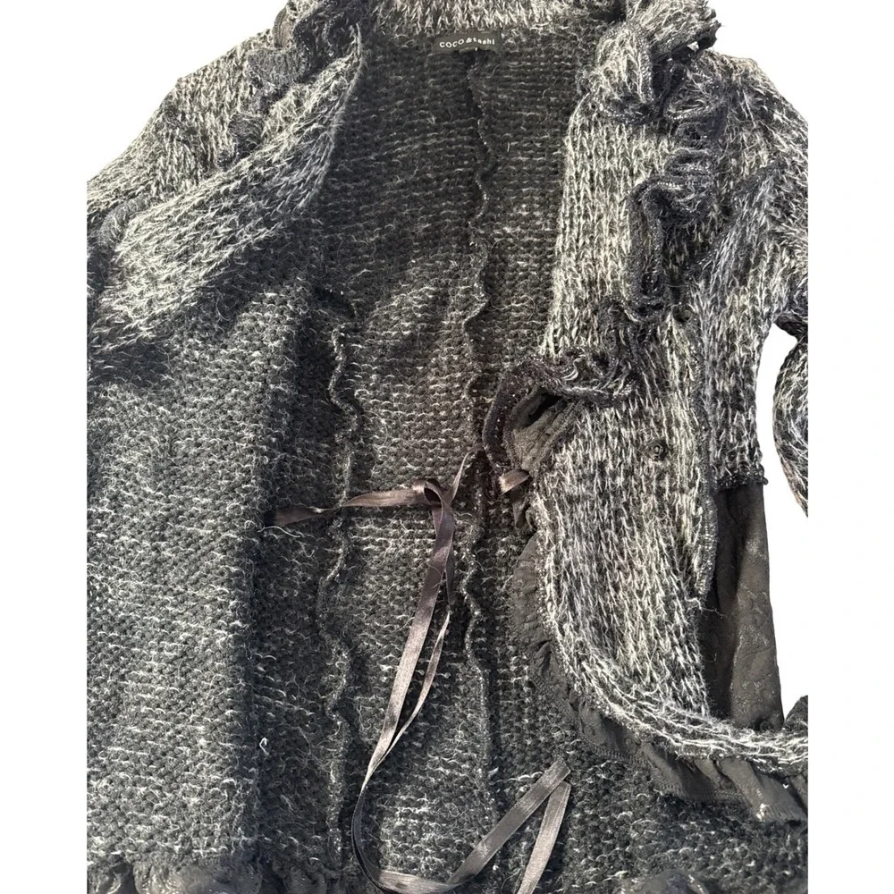 COCO & TASHI Black White Marled Ruffle Lace Cardigan Sweater‎ Women's L Office